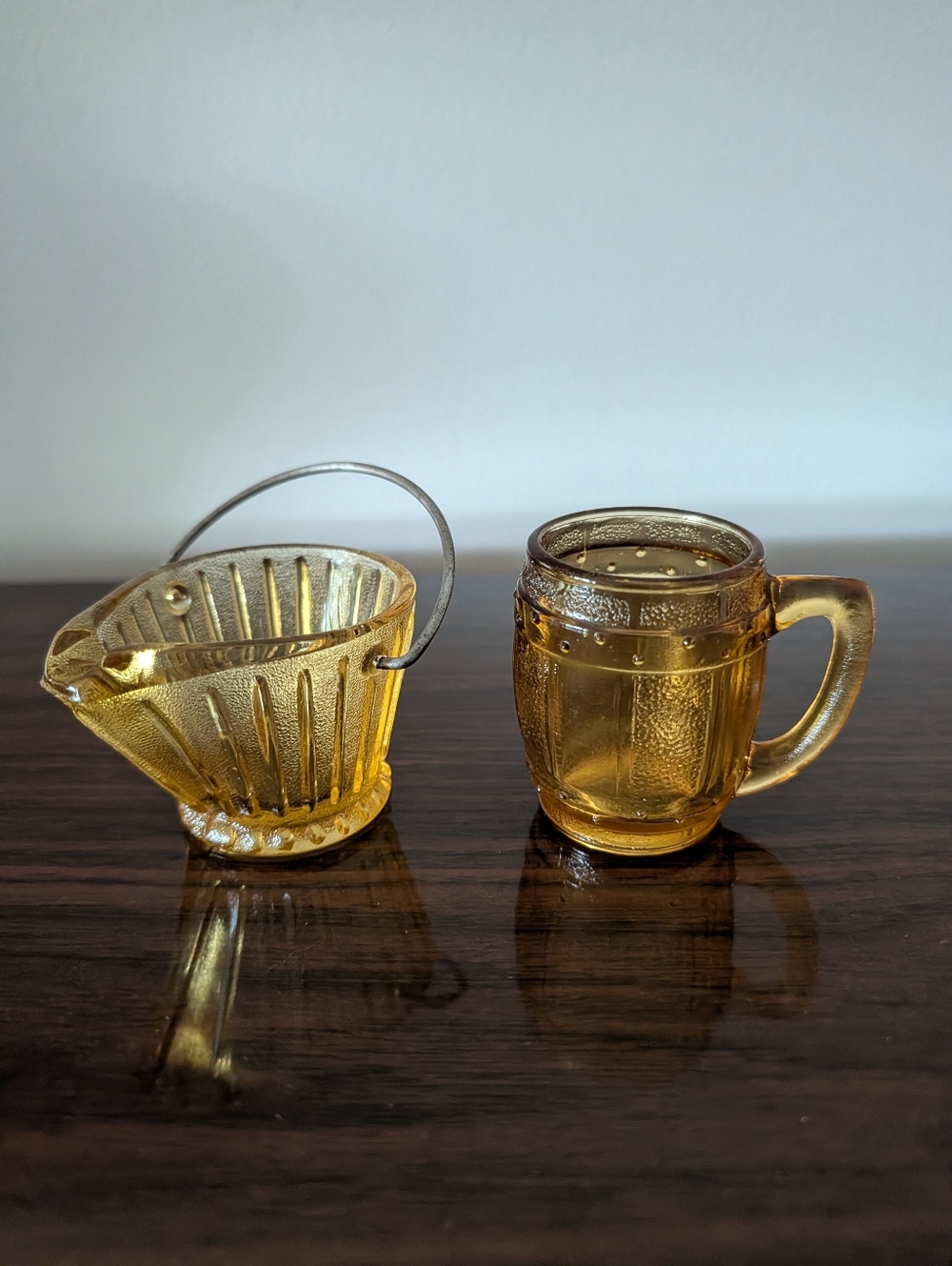 Amber Glass Ash Bucket and Barrel Mug Shot Glass Set